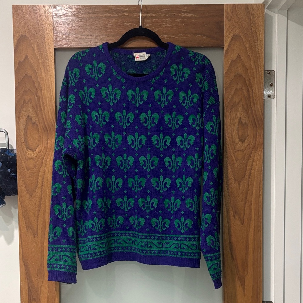 Vintage Crazy Horse Liz Claiborne Fleur-de-lis Purple Green Knit Sweater